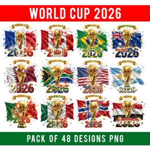 Paquete de imágenes PNG de países del Mundial 2026, diseños internacionales de países de fútbol, imágenes prediseñadas de 48 naciones de fútbol, EE. UU., Canadá, México, trofeo de fútbol.