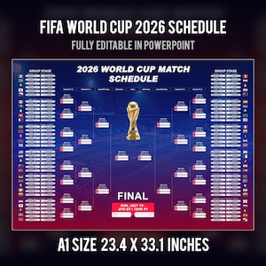 May include: A detailed schedule for the FIFA World Cup 2026, fully editable in PowerPoint. The design features a gold trophy, match brackets, and flags. The final match is scheduled for July 19th, 3 PM ET / 12 PM PT. The poster is A1 size, measuring 59.4 x 84.1 cm.