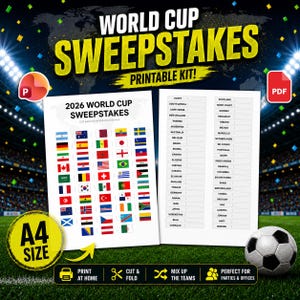 May include: A 2026 World Cup sweepstakes printable kit featuring two white A4 sheets with national flags and a list of country names. The design includes the text World Cup Sweepstakes and icons for PowerPoint and PDF file formats.