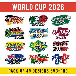 以下が含まれることがあります： 赤いバナーに白で「WORLD CUP 2026」と書かれたグラフィックデザイン。その下に、ドイツ、メキシコ、サウジアラビア、南アフリカ、アルゼンチン、カタール、エクアドル、ブラジル、エジプト、ニュージーランド、ポルトガル、フランスなど、サッカーボールを使った国をテーマにしたデザインがあります。