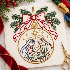 Christmas Nativity Needlepoint Pattern PNG, Baby Jesus Mary Joseph Embroidery Outline, Religious Christmas Hand Stitch Design