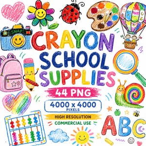 May include: A digital collection of colorful crayon-style illustrations featuring the text CRAYON SCHOOL SUPPLIES 44 PNG 4000 x 4000 PIXELS HIGH RESOLUTION COMMERCIAL USE. Includes a camera, flower, ladybug, palette, balloon, backpack, pencil, magnifying glass, snail, abacus, sun, and ABC letters.