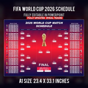 May include: A poster with the text "FIFA WORLD CUP 2026 SCHEDULE" and "2026 WORLD CUP MATCH SCHEDULE." It includes a bracket with flags, a gold trophy, and the text "FINAL." The poster is A1 size, 59.4 x 84.1 cm.