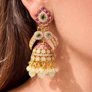 Kundan Jhumka Ruby Indian Jewelry Sabyasachi Inspired Pearl Statement Earrings Moissanite Polki Diamond Earrings