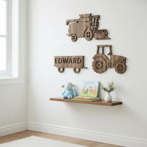 Personalised Wooden Tractor Name Sign, Farm Nursery Wall Decor, Walnut Sapele Finish
