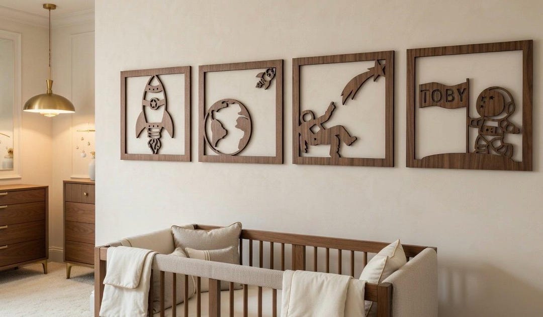 Personalised Space Nursery Wall Art Set of 4, Rocket Astronaut Moon ...