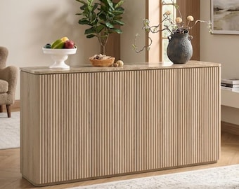Aparador estriado de 4 puertas, credenza, consola de barra de café de imitación mármol, mueble de almacenamiento.
