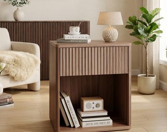 Fluted Nightstand Set Of 2 Mid Century Bedside Table Wood End Table Storage