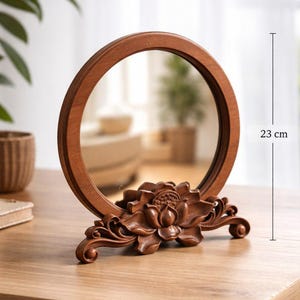 Wooden Table Mirror 9in, Makeup Mirror, Vanity Mirror, Wooden Mirror, Lotus Carving Mirror
