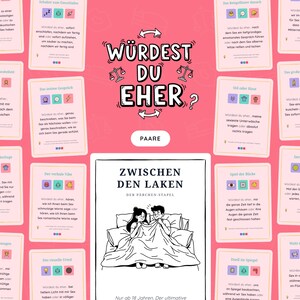 Pode incluir: Um jogo de cartas rosa com o texto "WÜRDEST DU EHER?" e "PAARE". O jogo inclui cartas ilustradas com perguntas e uma carta intitulada "ZWISCHEN DEN LAKEN".