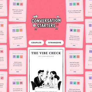 Pode incluir: Um fundo rosa com cartões de início de conversa. Os cartões têm perguntas e ícones. O cartão central diz "THE VIBE CHECK" com um casal em uma mesa. O texto "CONVERSATION STARTERS" está no topo.