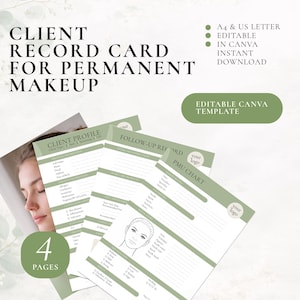 Puede incluir: Un conjunto de cuatro tarjetas de registro de clientes verdes y blancas para maquillaje permanente. Las tarjetas incluyen un perfil del cliente, un registro de seguimiento y una tabla PMU. El texto de las tarjetas dice "Client Record Card for Permanent Makeup" y "Editable Canva Template."