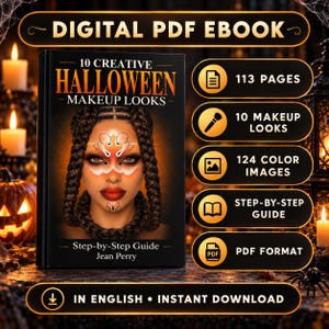 May include: A digital PDF ebook titled 10 Creative Halloween Makeup Looks by Jean Perry. The cover features a person with braided hair and orange face paint. It includes 113 pages, 10 makeup looks, 124 color images, and a step-by-step guide.