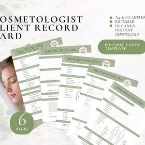 Esthetician Client Record Card: Face, Décolleté, Body Analysis (Redigerbar Canva PDF)