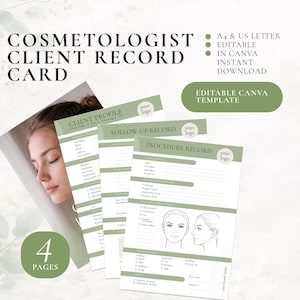 Peut inclure: Ensemble de quatre fiches de dossier client cosmétologue avec un design vert et blanc. Les fiches comprennent un profil client, un suivi et un dossier de procédure. L'image comprend également le texte "Cosmetologist Client Record Card" et "Editable Canva Template".