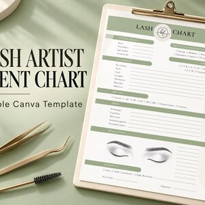 May include: A lash artist client chart on a clipboard with gold tweezers and a spoolie brush. The document features sage green headers, sections for session details, lash condition, parameters, and a diagram of closed eyes with lashes.