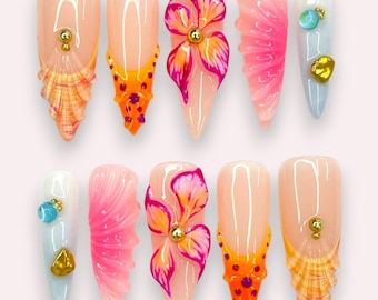 Island Bloom: Pink Hibiscus, Seashell Tips and Jewel Press On Nails