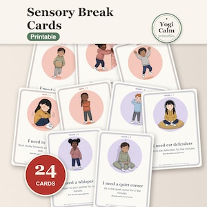 May include: A set of 24 printable Sensory Break Cards featuring illustrations of children in various poses within colored circles. Each card includes text instructions for sensory regulation, such as I need a quiet corner or I need ear defenders.