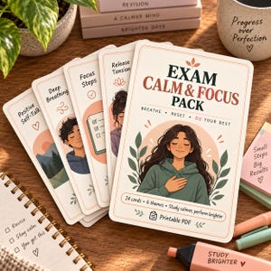Może przedstawiać: Zestaw kart Exam Calm & Focus Pack z ilustracjami osób praktykujących uważność. Karty zawierają tekst, taki jak Positive Self-Talk, Deep Breathing, Focus Steps i Release Tension, wraz z etykietą pliku PDF do druku.