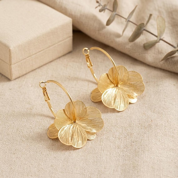 Gold Flower Earrings, Statement Hoop Earrings, Large Floral Earrings, Boho Earrings, Gift for Her Stainless Steel Dangle Earrings