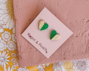 Wooden Heart Green Studs