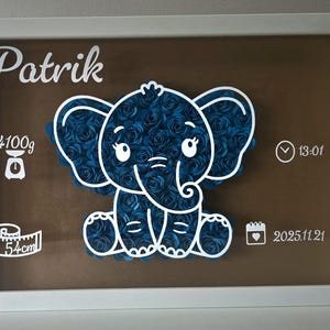 Personalized Elephant Shadow Box Baby Name Frame, Custom Birth Stats Gift, Nursery Wall Decor, Handmade Paper Flower Art, Baby Shower Gift