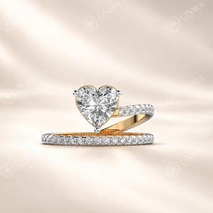 Heart Cut Lab Grown Diamond Engagement Ring Set, IGI Certified Pave Wedding Band in Yellow Gold
