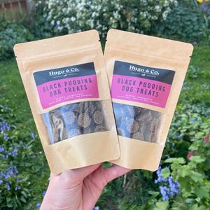 Op de afbeelding: Twee kraftpapieren zakjes met hondenkoekjes worden omhoog gehouden. Elk zakje heeft een doorzichtig venster met donkere, ronde traktaties. De labels luiden "Hugo & Co. BLACK PUDDING DOG TREATS". De achtergrond is een vage mix van groen en blauw.
