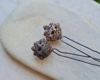 Antique 800 Silver Filigree Hair Pins Set, Vintage Silver Filigree Ball Hair Sticks, Edwardian Victorian Hair Accessories, Tested 800 Silver