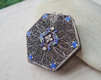 Antique Solid Silver Powder Compact, Hexagon Enamel Filigree Makeup Compact Box, Tested Sterling Silver Vanity Collectible, Age Related Wear