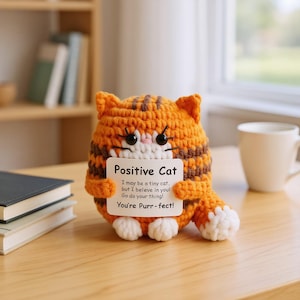 May include: A handmade orange and brown crocheted cat figure holding a sign with the words "Positive Cat." The sign says "I may be a tiny cat, but I believe in you! Go do your thing! You're Purr-fect!"