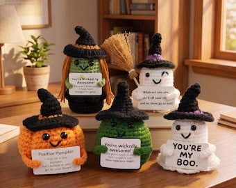 Gehaakte heksenpoppenset, "You're Wicked-ly Awesome" handgemaakte amigurumi-poppen, Halloween Pumpkin & Boo-cadeau, positief heksdecor, cadeau-idee