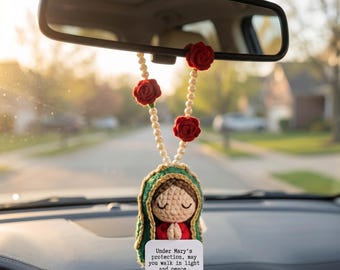 Jungfrau Maria häkeln Auto Charme, gesegnete Mutter Rückspiegel Zubehör, katholisches Schutz Geschenk, handgemachtes religiöses Auto-Dekor, neues Auto Geschenk