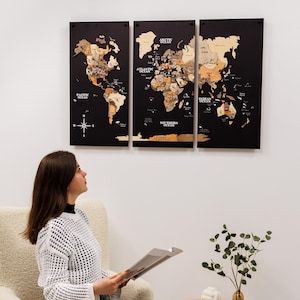 Personalized 3 Piece Wall Art for Mom, Large Travel Push Pin Map, Sentimental Family Home Decor, Mother's Day Gift 3 Panel Wooden World Map