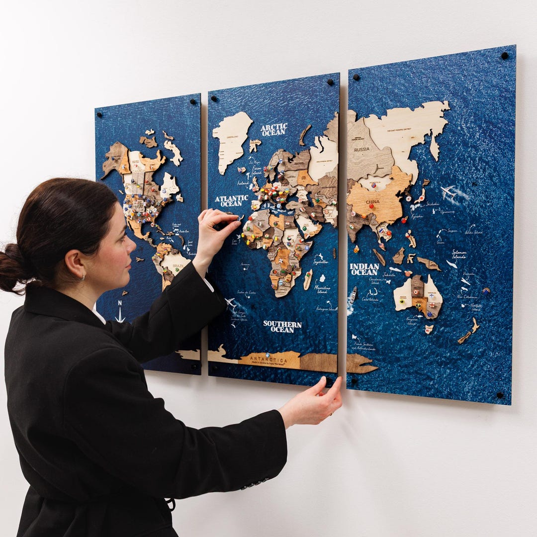World Map Push Pin Board - 3 Panel Wall Art - Travel Home Decor - Etsy