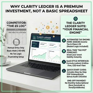 May include: A laptop displaying the Clarity Ledger dashboard, with financial data and charts. Text on the screen highlights features like automated tax engines and real-time tax forecasts. The image also compares Clarity Ledger to a basic spreadsheet.