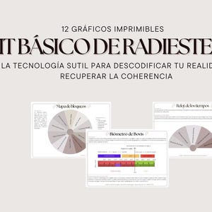 Può includere: Grafica beige con il testo "12 GRÁFICOS IMPRIMIBLES KIT BÁSICO DE RADIESTESIA" e "LA TECNOLOGÍA SUTIL PARA DESCODIFICAR TU REALIDAD Y RECUPERAR LA COHERENCIA". L'immagine include grafici e un pendolo.