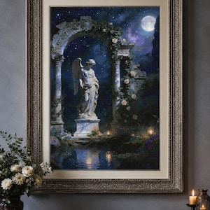 May include: A framed wall art print depicting a stone angel statue standing beneath a classical archway at night. The scene features a full moon, a starry sky, climbing roses, and a reflective pool of water, all enclosed in an ornate frame.