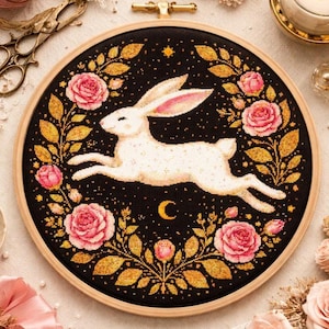 Puede incluir: Un bastidor de bordado de punto de cruz con un conejo blanco saltando sobre un fondo negro. El diseño incluye rosas rosas, hojas doradas, una luna creciente y estrellas. El bordado está en un bastidor de madera redondo.