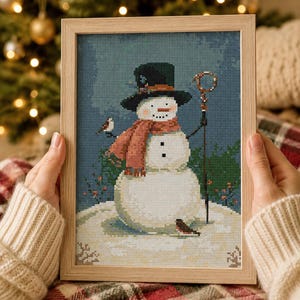 May include: A framed cross-stitch embroidery depicting a snowman wearing a dark green top hat and a textured orange scarf. The snowman holds a tall wooden staff, with a small bird perched on its arm and another on the snowy ground below.
