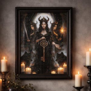 May include: Framed artwork depicting a dark-haired woman in a black gown holding a large key, flanked by two figures and wolves. The artwork is in a black frame, with lit candles in the foreground, creating a gothic aesthetic.