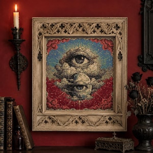 May include: A rectangular wall art piece featuring a detailed illustration of two eyes emerging from clouds, set within an ornate, light-coloured gothic-style frame with intricate carved arches and pointed details, displayed against a deep red wall.