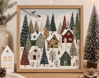 May include: A square framed cross-stitch embroidery depicting a winter village scene with snow-covered houses in red, green, and beige, surrounded by various evergreen trees, bare winter shrubs, and two small birds perched on a branch.