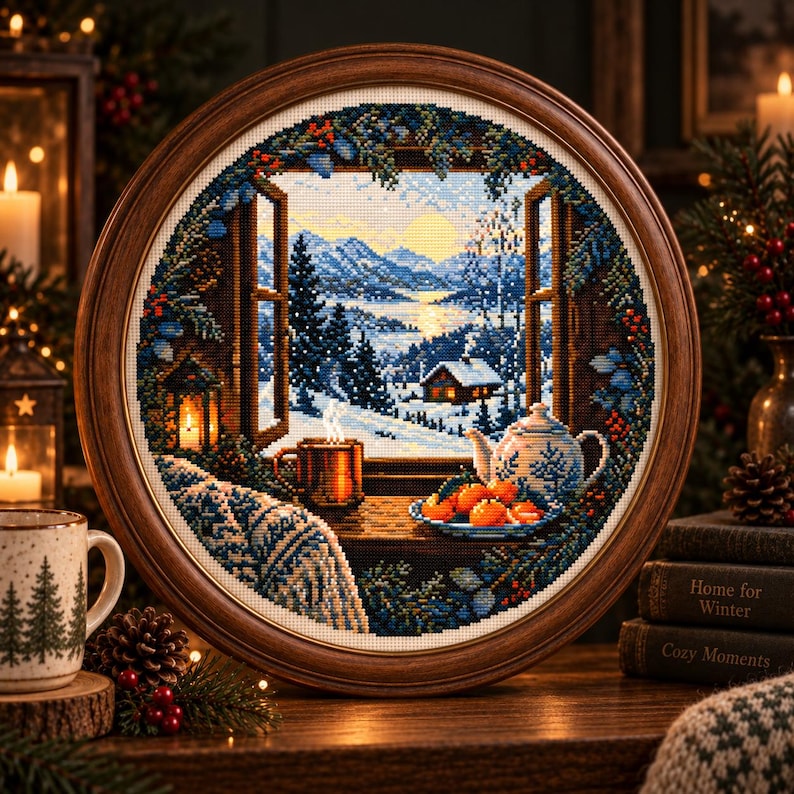 May include: A circular cross-stitch embroidery in a dark wood frame depicting a winter landscape viewed through an open window. The scene features snow-covered mountains, a cabin, a steaming mug, a teapot, and a bowl of oranges on a windowsill.