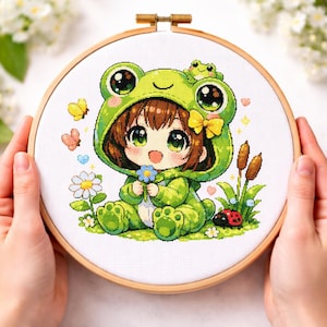 Patrón de punto de cruz de niña rana chibi – Diseño de bordado kawaii – Descarga instantánea en PDF – Apto para principiantes