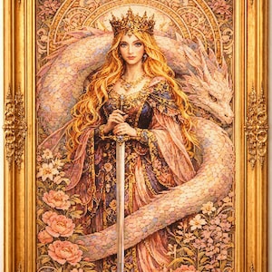 May include: A framed artwork depicts a woman with long blonde hair, wearing a crown and holding a sword. A dragon is behind her. The artwork is in a gold ornate frame, with floral and decorative elements.