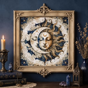 May include: A square framed wall art piece featuring a central illustration of a sun and moon with closed eyes, surrounded by swirling clouds and stars in shades of deep blue, gold, and cream, encased in an ornate, antique-style gold frame.