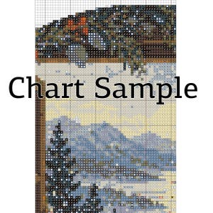 May include: A cross stitch pattern chart featuring a grid with various symbols representing colors. The design depicts a landscape with a dark upper section and a lighter lower section containing a tree. The text Chart Sample is overlaid.