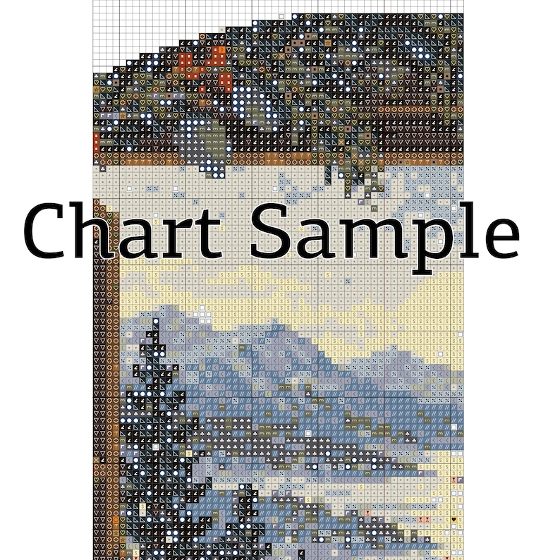 May include: A cross stitch pattern chart featuring a grid with various symbols representing colors. The design depicts a landscape with a dark upper section and a lighter lower section containing a tree. The text Chart Sample is overlaid.