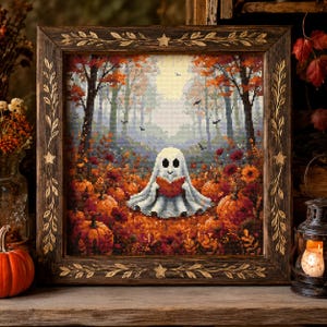 Ghost Reading Book Cross Stitch Pattern | Cozy Halloween Pumpkin Patch | Autumn Forest | Fall Decor